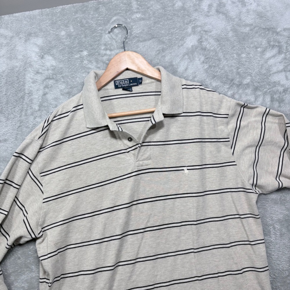 Polo Ralph Lauren Polo Shirt Mens XL Oatmeal Navy Striped Long Sleeve Cotton